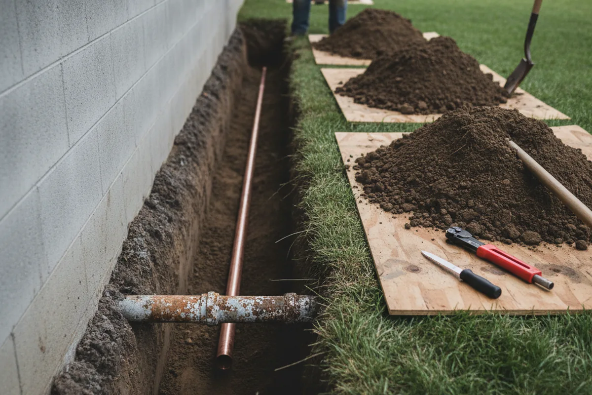 Excavated water line trench during Water Heater Repair in Prospect